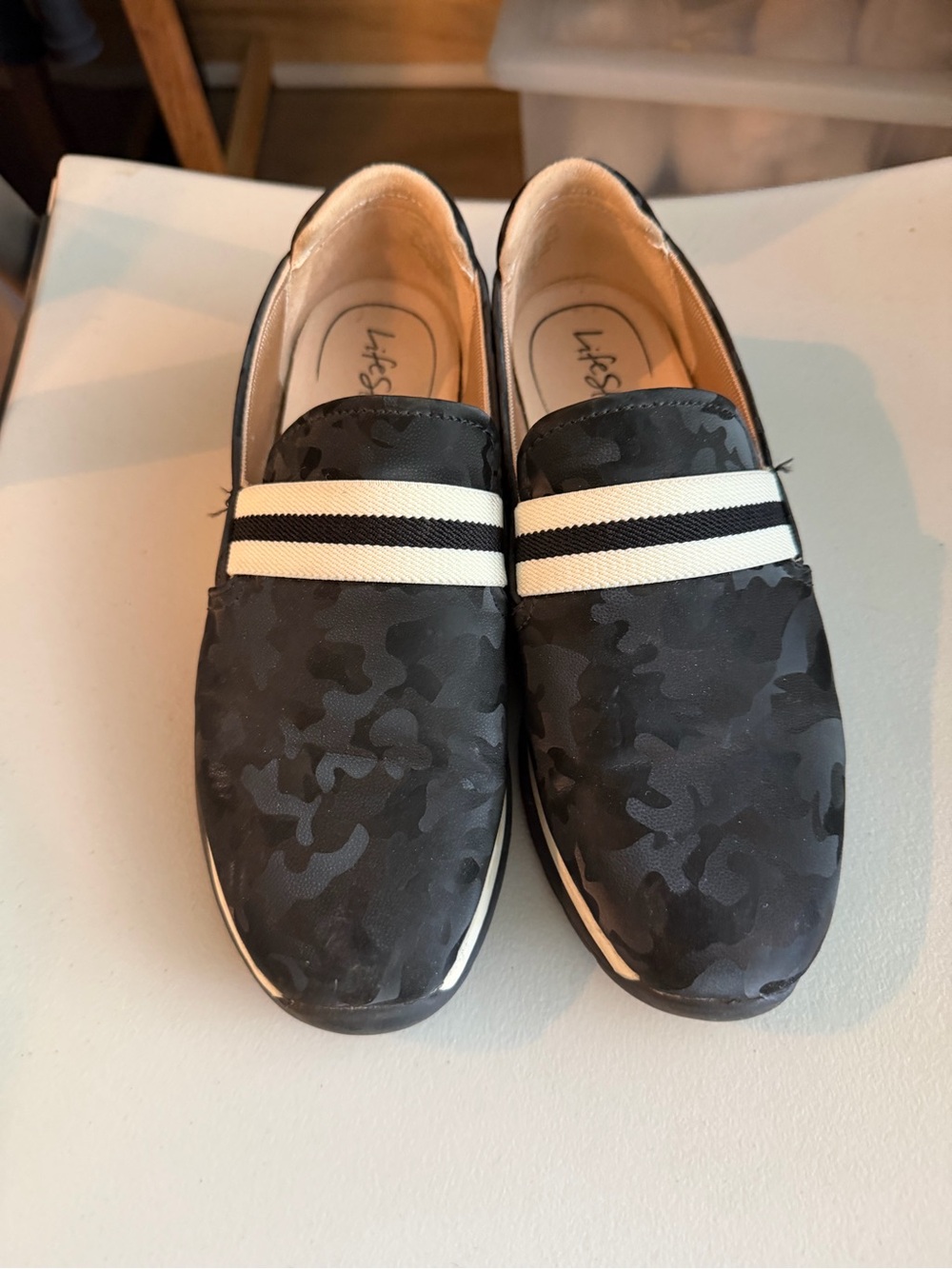 Life Stride Black Camouflage Slip-On Loafers with White Stripe
